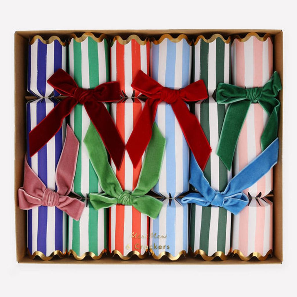 Christmas Crackers Stripe Velvet Bow, Set of 6