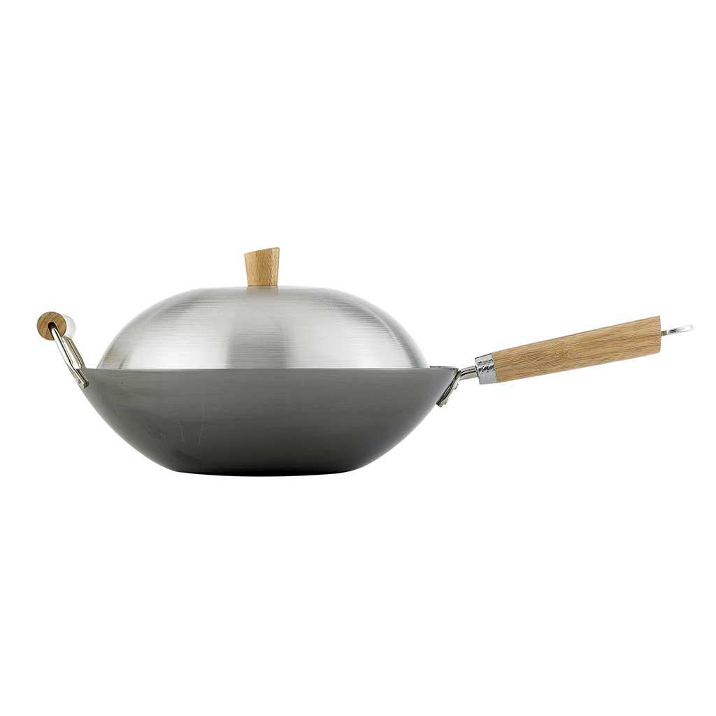 Wok Set Carbon Steel with Lid Flat Bottom 13.5 inch