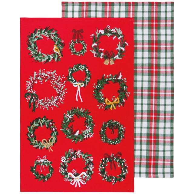 Wreath and Plaid Towels, Set of 2