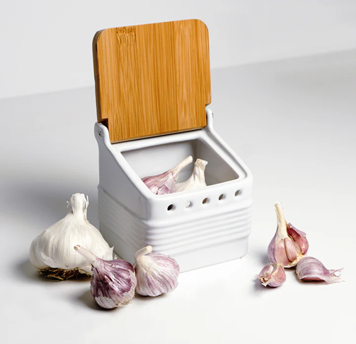 White Stoneware Garlic Keeper with Bamboo Lid